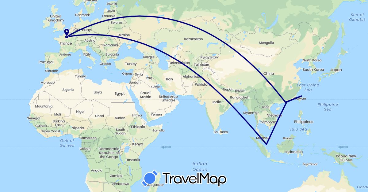 TravelMap itinerary: driving in China, France, Singapore, Taiwan (Asia, Europe)